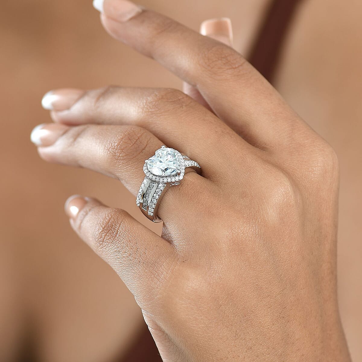 D'Joy Moissanite (Hrt 10mm) Ring in Rhodium Over Sterling Silver (Size 10.0) 4.60 ctw image number 2