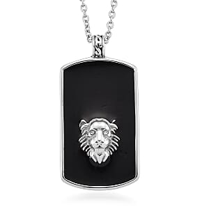 Simulated Diamond Lion Head Dogtag Pendant Necklace (20-22 Inches) in Stainless Steel