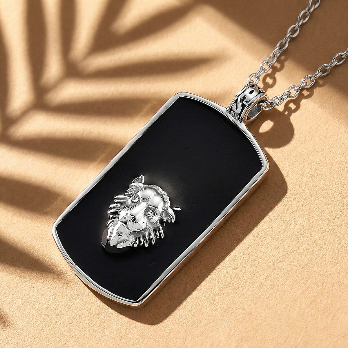 Simulated Diamond Lion Head Dogtag Pendant Necklace (20-22 Inches) in Stainless Steel image number 1