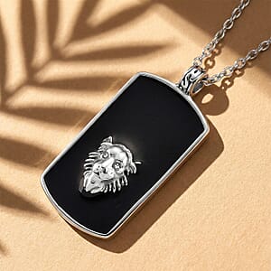 Simulated Diamond Lion Head Dogtag Pendant Necklace (20-22 Inches) in Stainless Steel
