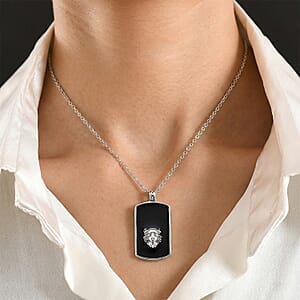 Simulated Diamond Lion Head Dogtag Pendant Necklace (20-22 Inches) in Stainless Steel