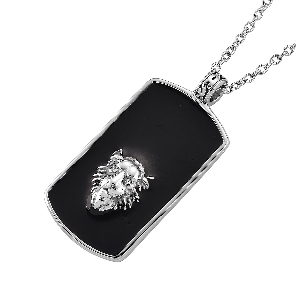 Simulated Diamond Lion Head Dogtag Pendant Necklace (20-22 Inches) in Stainless Steel image number 3