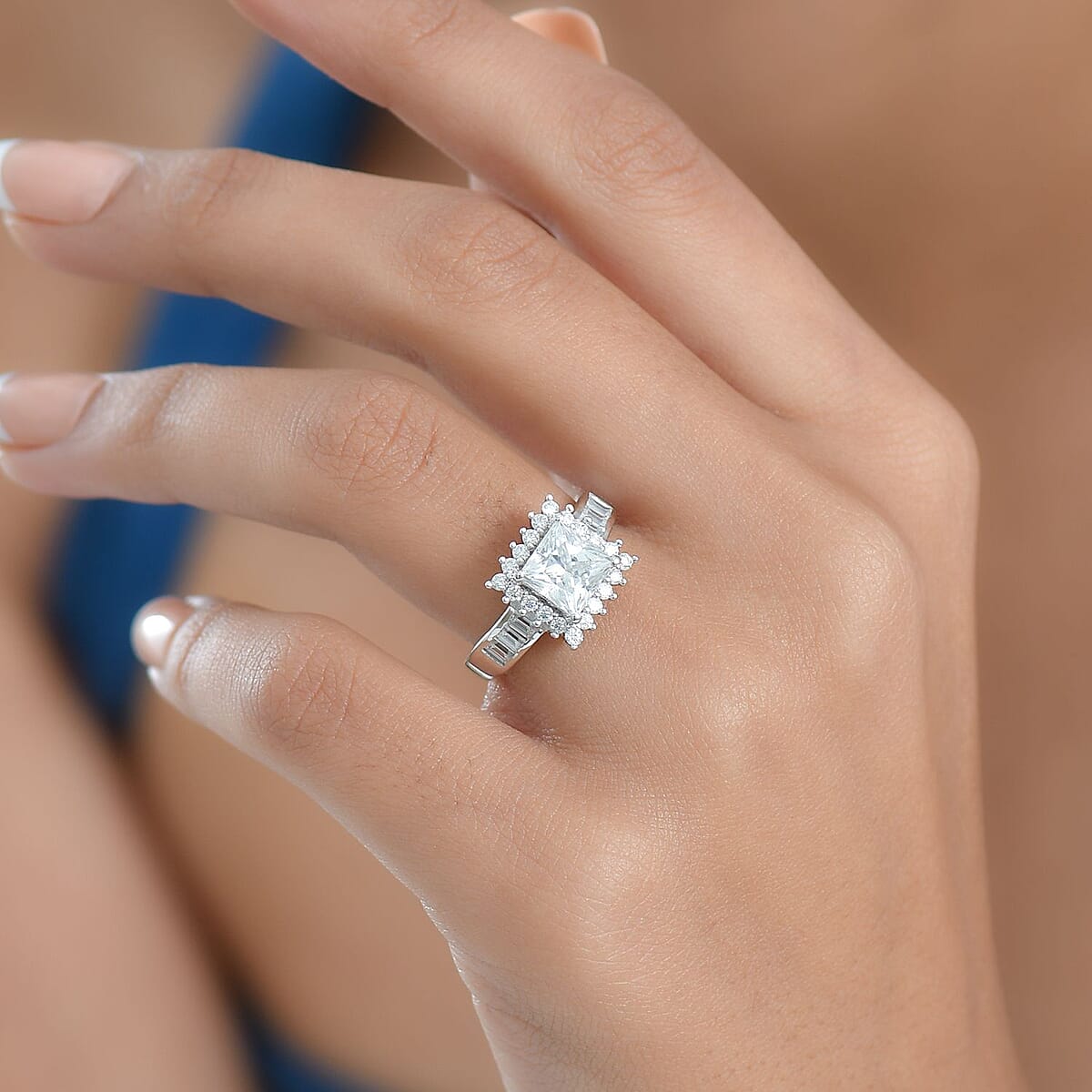 D'Joy Princess Cut Moissanite 2.75 ctw Halo Ring in Rhodium Over Sterling Silver (Size 10.0) image number 2