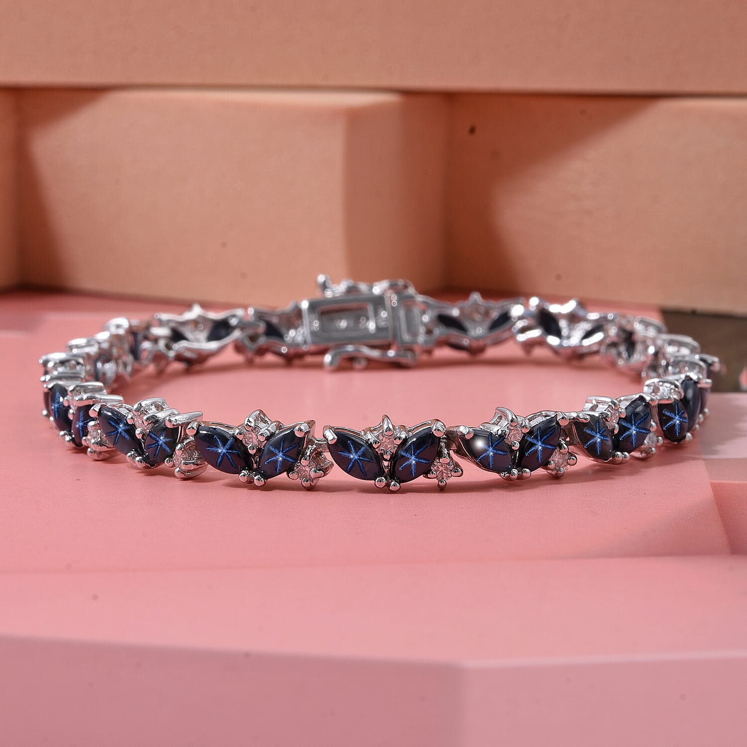 D'Joy Premium Blue Star Sapphire (DF) and Moissanite 16.00 ctw Celestial Lineage Bracelet in Rhodium Over Sterling Silver (8.00 In)