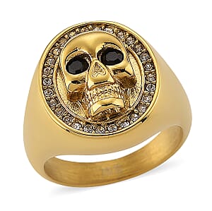 Simulated White and Black Diamond Skull Ring in ION Plated YG Stainless Steel (Size 6.0)