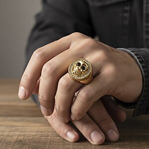 Simulated White and Black Diamond Skull Ring in ION Plated YG Stainless Steel (Size 6.0)