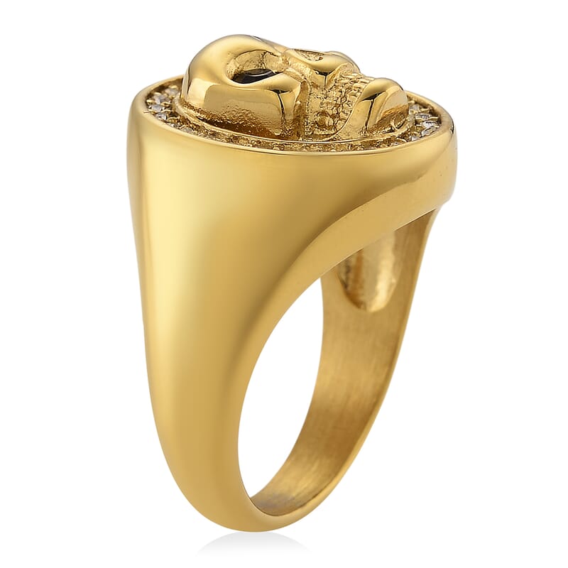 Simulated White and Black Diamond Skull Ring in ION Plated YG Stainless Steel (Size 7.0)