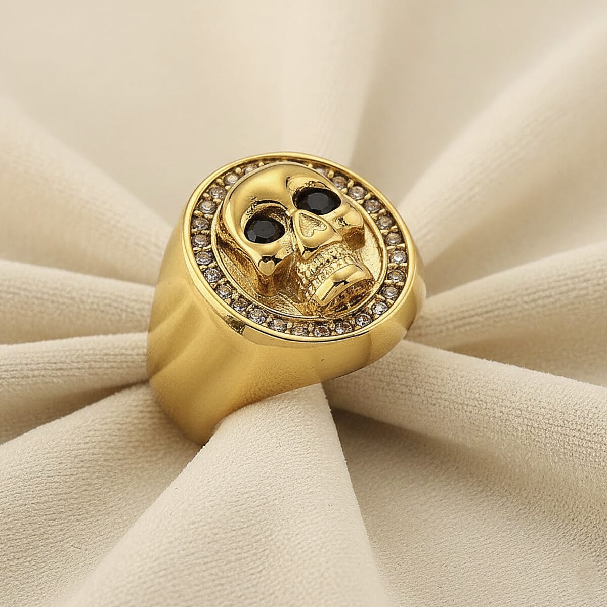 Simulated White and Black Diamond Skull Ring in ION Plated YG Stainless Steel (Size 8.0) image number 1