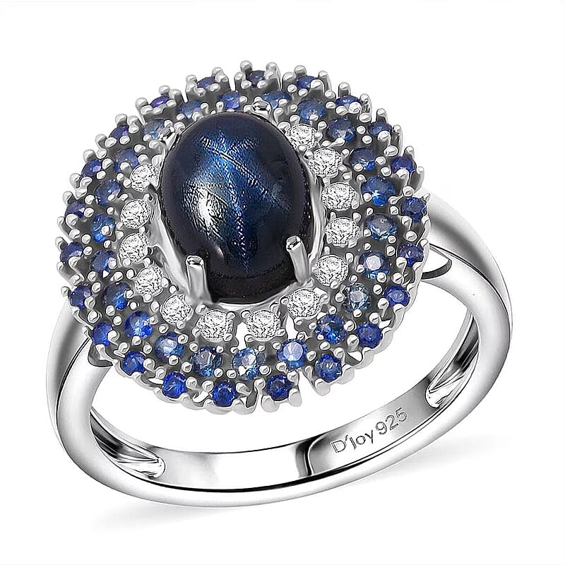 D'Joy Premium Blue Star Sapphire (DF) and Multi Gemstone 4.10 ctw Celestial Crown Ring in Rhodium Over Sterling Silver (Size 10.0)