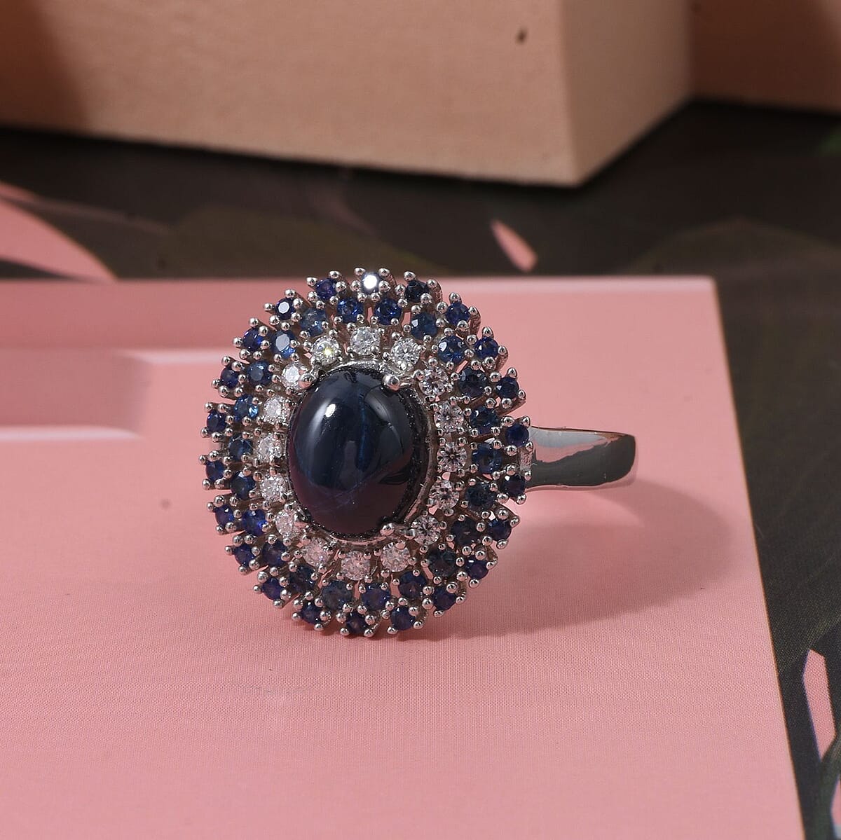 Doorbuster D'Joy Premium Blue Star Sapphire (DF) and Multi Gemstone 4.10 ctw Celestial Crown Ring in Rhodium Over Sterling Silver (Size 10.0) image number 1