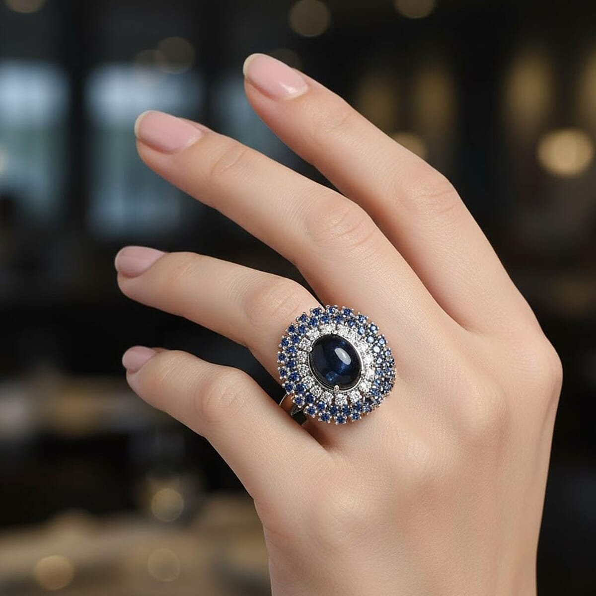 Doorbuster D'Joy Premium Blue Star Sapphire (DF) and Multi Gemstone 4.10 ctw Celestial Crown Ring in Rhodium Over Sterling Silver (Size 10.0) image number 2