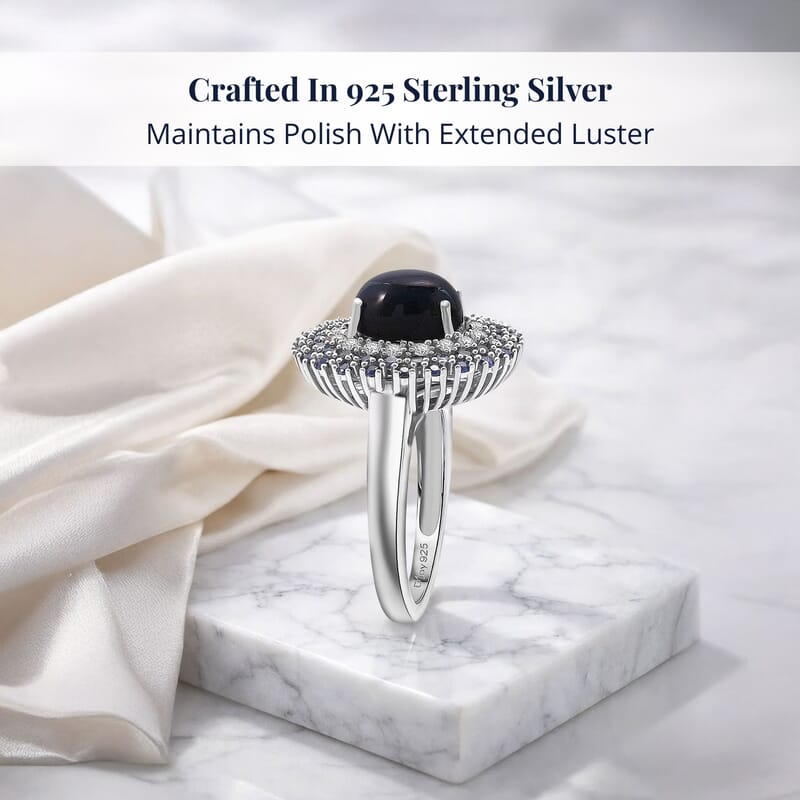 D'Joy Premium Blue Star Sapphire (DF) and Multi Gemstone 4.10 ctw Celestial Crown Ring in Rhodium Over Sterling Silver (Size 10.0)