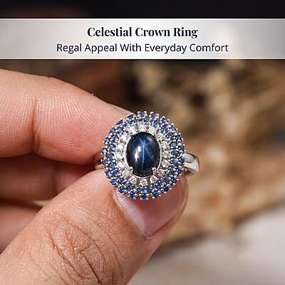 D'Joy Premium Blue Star Sapphire (DF) and Multi Gemstone 4.10 ctw Celestial Crown Ring in Rhodium Over Sterling Silver (Size 10.0)