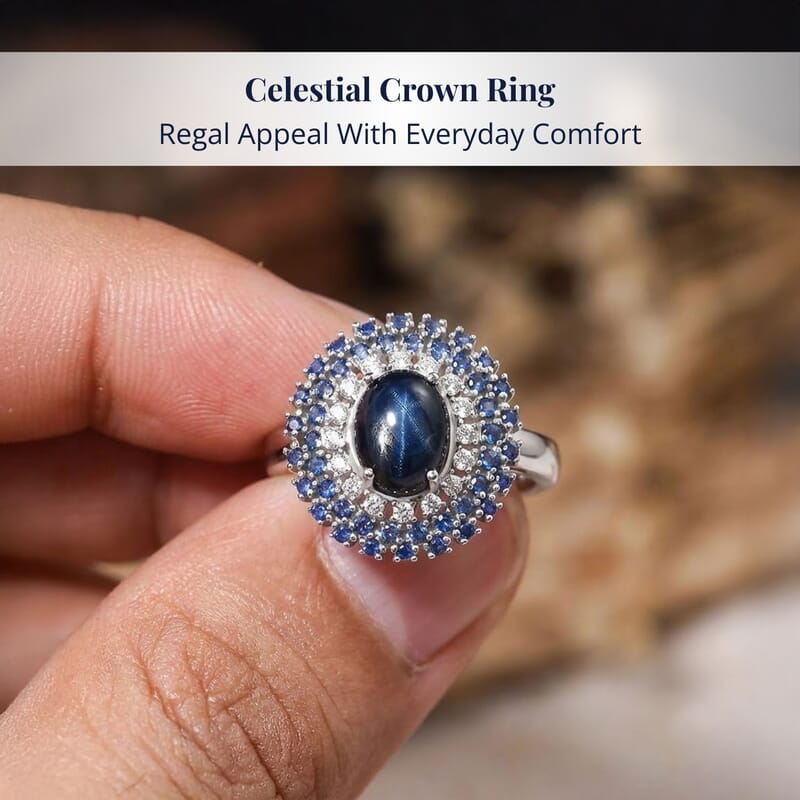 D'Joy Premium Blue Star Sapphire (DF) and Multi Gemstone 4.10 ctw Celestial Crown Ring in Rhodium Over Sterling Silver (Size 10.0)