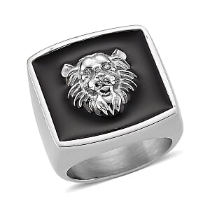 Simulated Diamond and Enameled Lion Ring in Stainless Steel (Size 10.0)