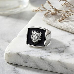 Simulated Diamond and Enameled Lion Ring in Stainless Steel (Size 10.0)