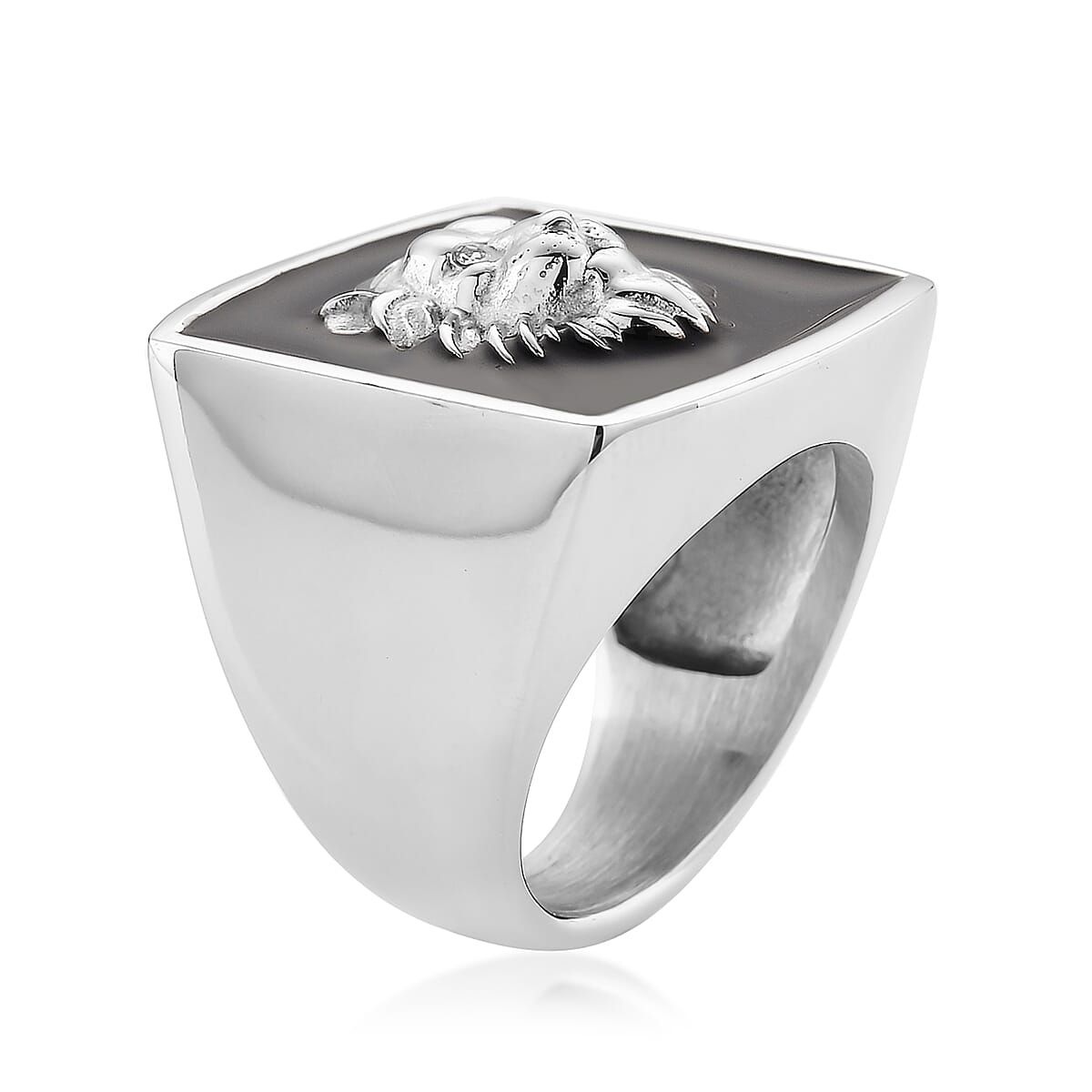 Simulated Diamond and Enameled Lion Ring in Stainless Steel (Size 10.0) image number 3
