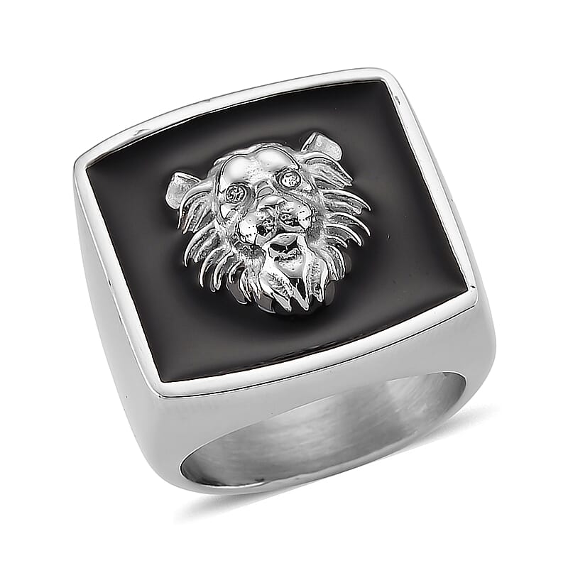 Simulated Diamond and Enameled Lion Ring in Stainless Steel (Size 8.0)