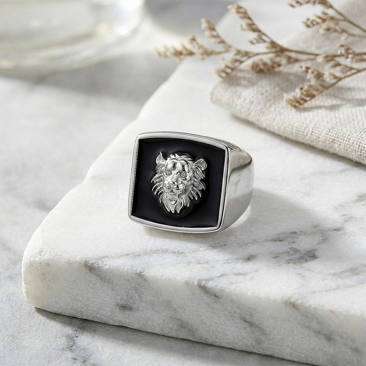 Simulated Diamond and Enameled Lion Ring in Stainless Steel (Size 8.0) image number 1
