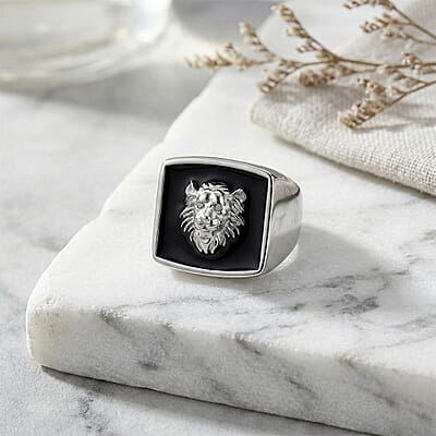 Simulated Diamond and Enameled Lion Ring in Stainless Steel (Size 8.0)