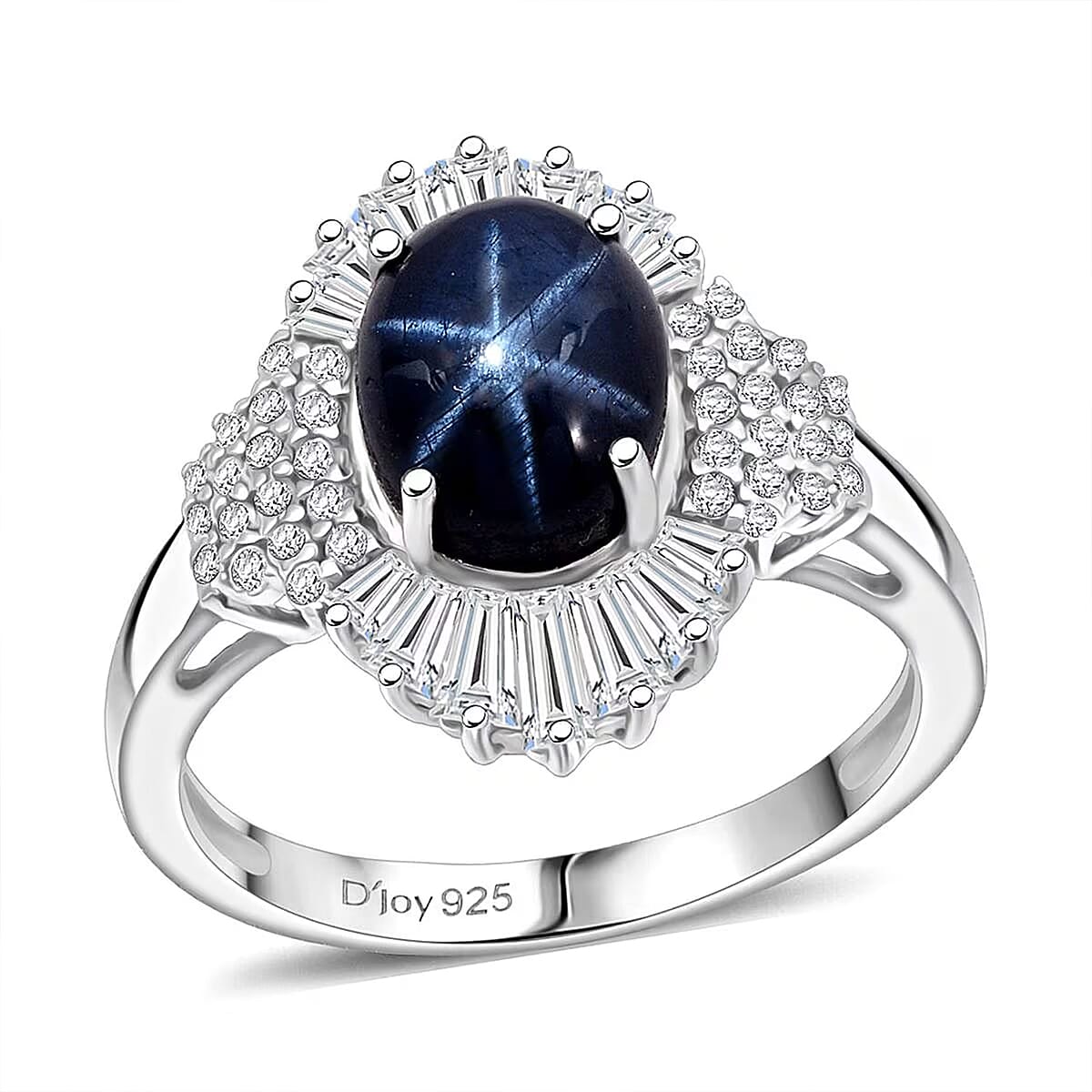 D'Joy Blue Star Sapphire, Moissanite Ray Ring in Rhodium Over Sterling Silver 4.10 ctw (Size 10.0) image number 0