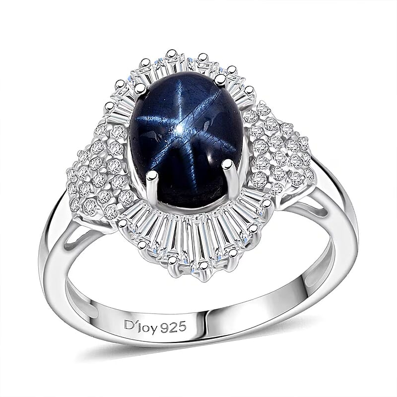D'Joy Blue Star Sapphire, Moissanite Ray Ring in Rhodium Over Sterling Silver 4.10 ctw (Size 10.0)