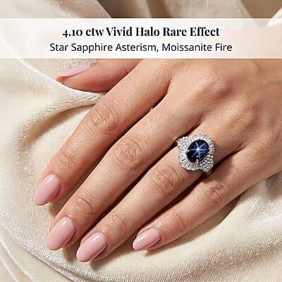 D'Joy Blue Star Sapphire, Moissanite Ray Ring in Rhodium Over Sterling Silver 4.10 ctw (Size 10.0)