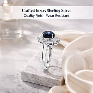 D'Joy Blue Star Sapphire, Moissanite Ray Ring in Rhodium Over Sterling Silver 4.10 ctw (Size 10.0)