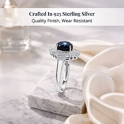 D'Joy Blue Star Sapphire, Moissanite Ray Ring in Rhodium Over Sterling Silver 4.10 ctw (Size 10.0)