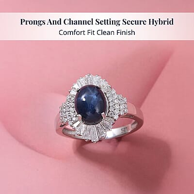 D'Joy Blue Star Sapphire, Moissanite Ray Ring in Rhodium Over Sterling Silver 4.10 ctw (Size 10.0)