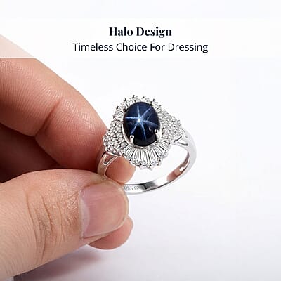 D'Joy Blue Star Sapphire, Moissanite Ray Ring in Rhodium Over Sterling Silver 4.10 ctw (Size 10.0)