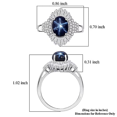D'Joy Blue Star Sapphire, Moissanite Ray Ring in Rhodium Over Sterling Silver 4.10 ctw (Size 10.0)