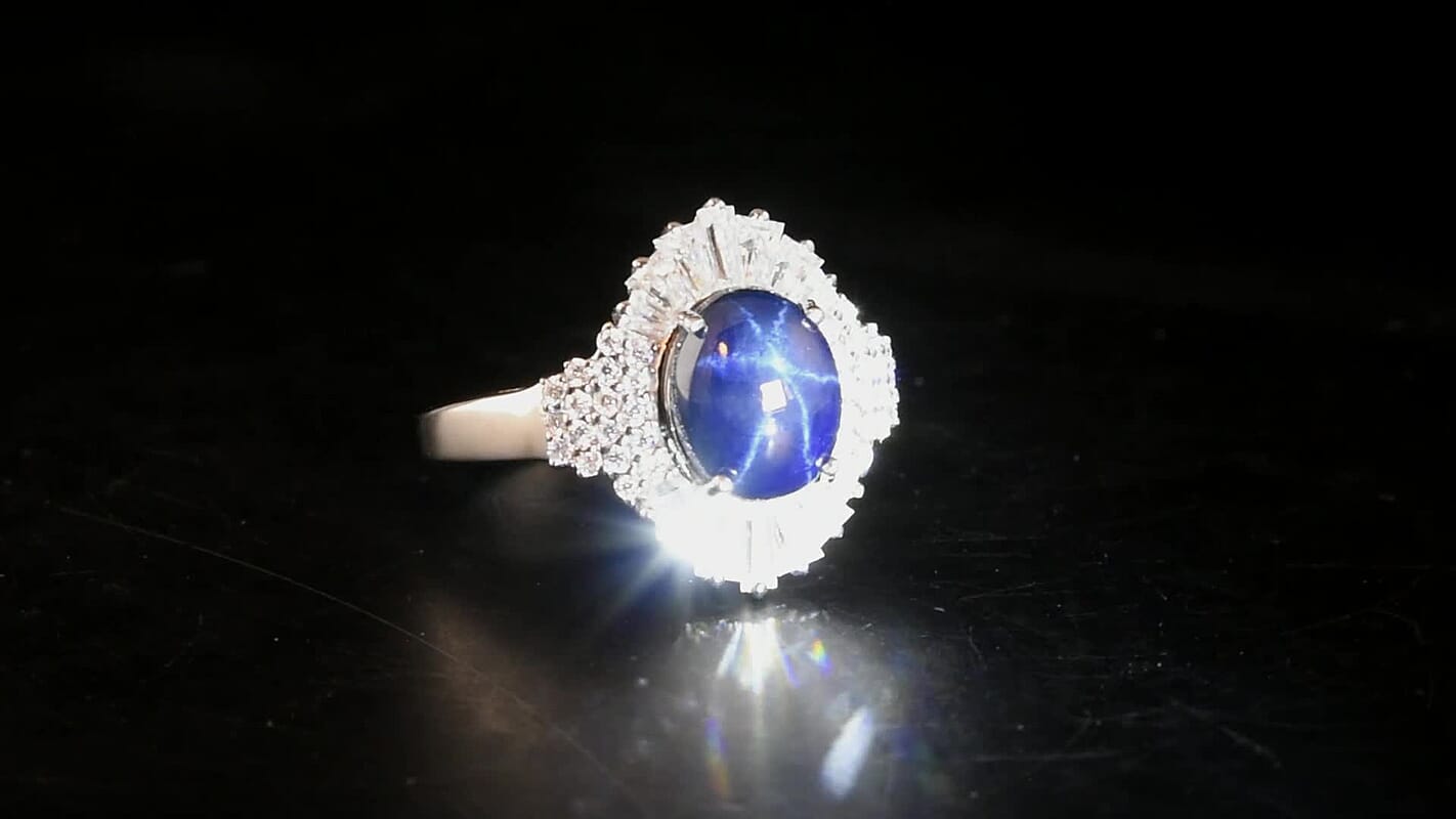 D'Joy Blue Star Sapphire (DF), Moissanite Ring in Rhodium Over Sterling Silver (Size 7.0) 4.10 ctw