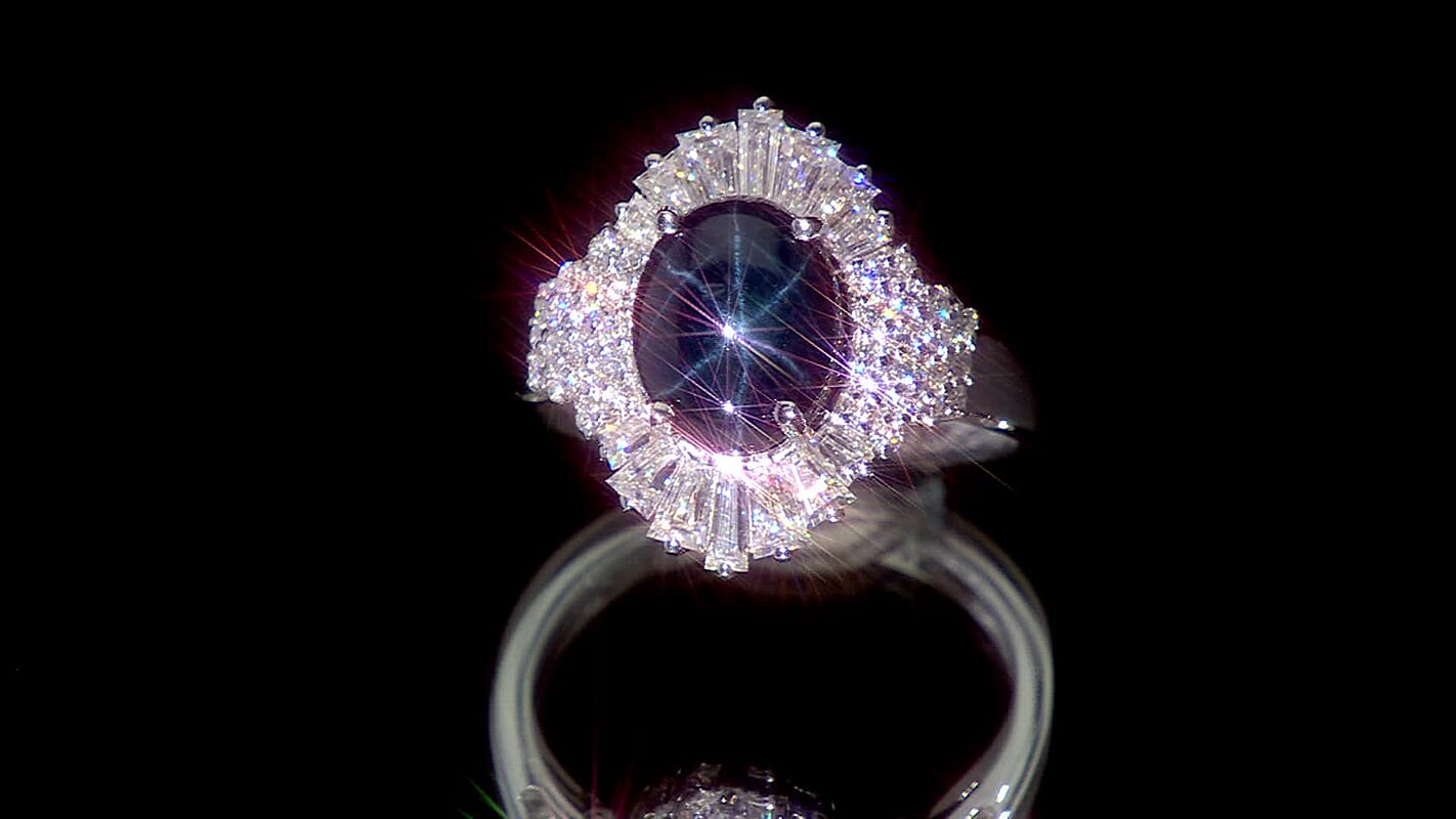 D'Joy Blue Star Sapphire (DF), Moissanite Ring in Rhodium Over Sterling Silver (Size 7.0) 4.10 ctw