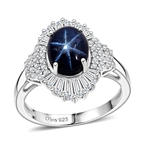 Doorbuster D'Joy Premium Blue Star Sapphire (DF) and Moissanite 4.10 ctw Celestial Ray Ring in Rhodium Over Sterling Silver (Size 7.0)