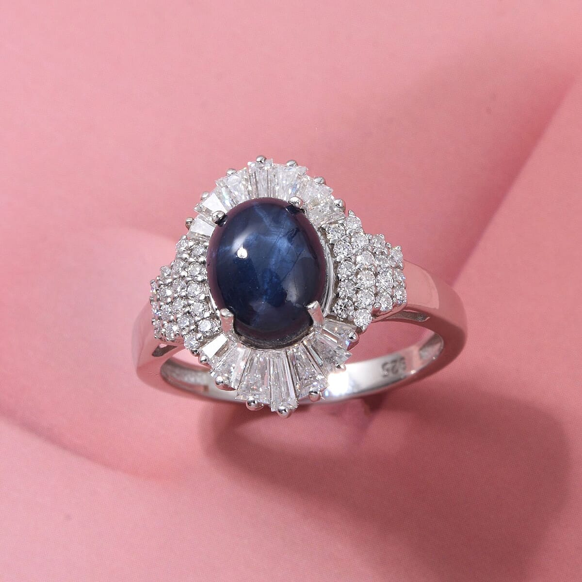 Doorbuster D'Joy Premium Blue Star Sapphire (DF) and Moissanite 4.10 ctw Celestial Ray Ring in Rhodium Over Sterling Silver (Size 7.0) image number 1
