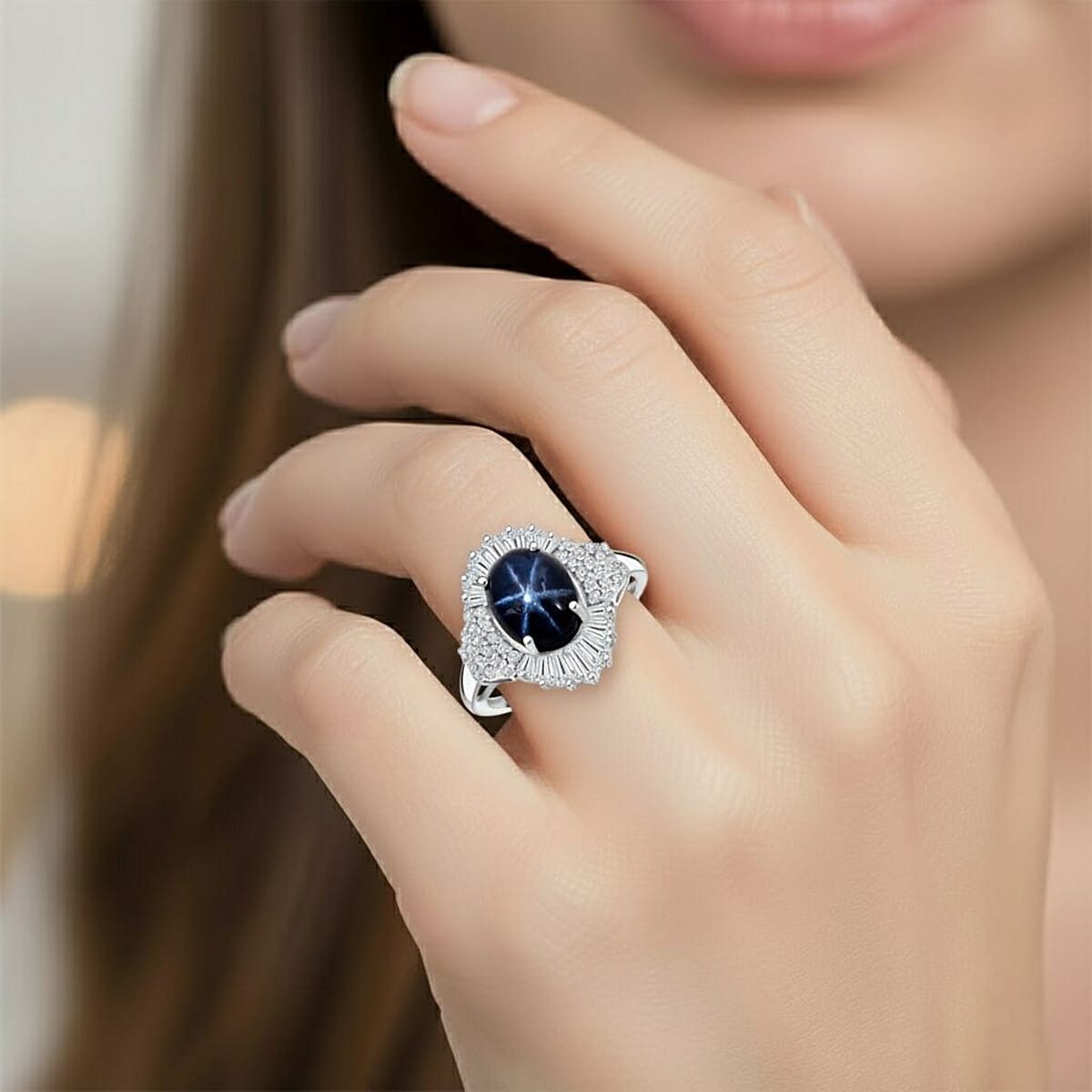 Doorbuster D'Joy Premium Blue Star Sapphire (DF) and Moissanite 4.10 ctw Celestial Ray Ring in Rhodium Over Sterling Silver (Size 7.0) image number 2