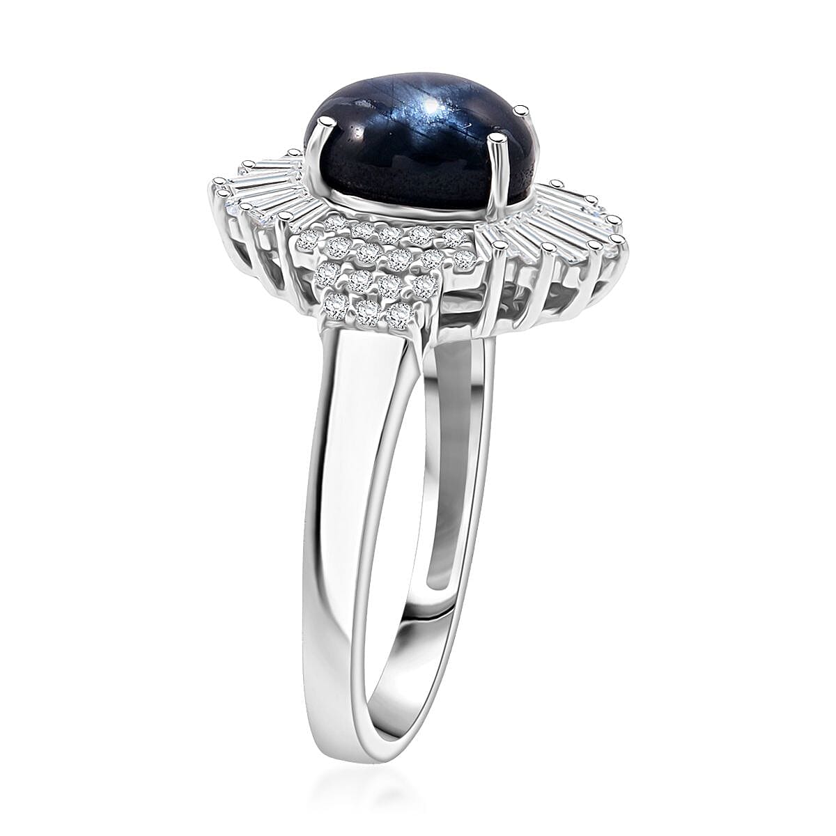 Doorbuster D'Joy Premium Blue Star Sapphire (DF) and Moissanite 4.10 ctw Celestial Ray Ring in Rhodium Over Sterling Silver (Size 7.0) image number 3