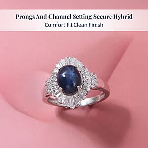 D'Joy Blue Star Sapphire, Moissanite Ray Ring in Rhodium Over Sterling Silver 4.10 ctw (Size 7.0)