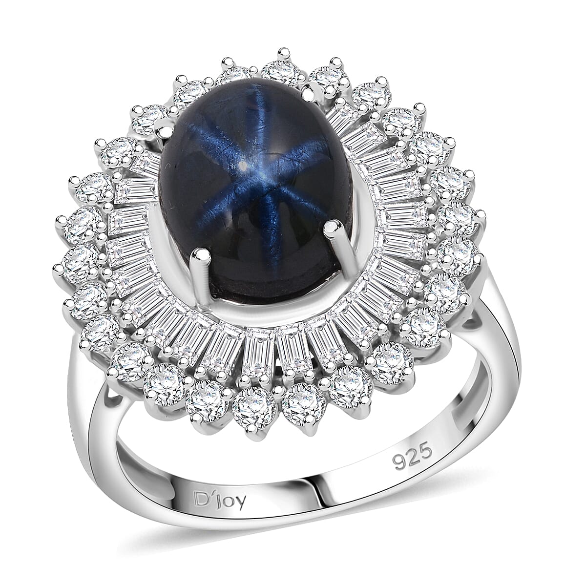 D'Joy Premium Blue Star Sapphire (DF) and Moissanite 7.75 ctw Crown of Eternity Ring in Rhodium Over Sterling Silver (Size 10.0) image number 0