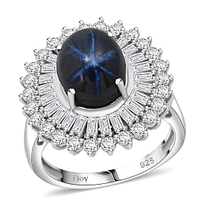 D'Joy Premium Blue Star Sapphire (DF) and Moissanite 7.75 ctw Crown of Eternity Ring in Rhodium Over Sterling Silver (Size 10.0)