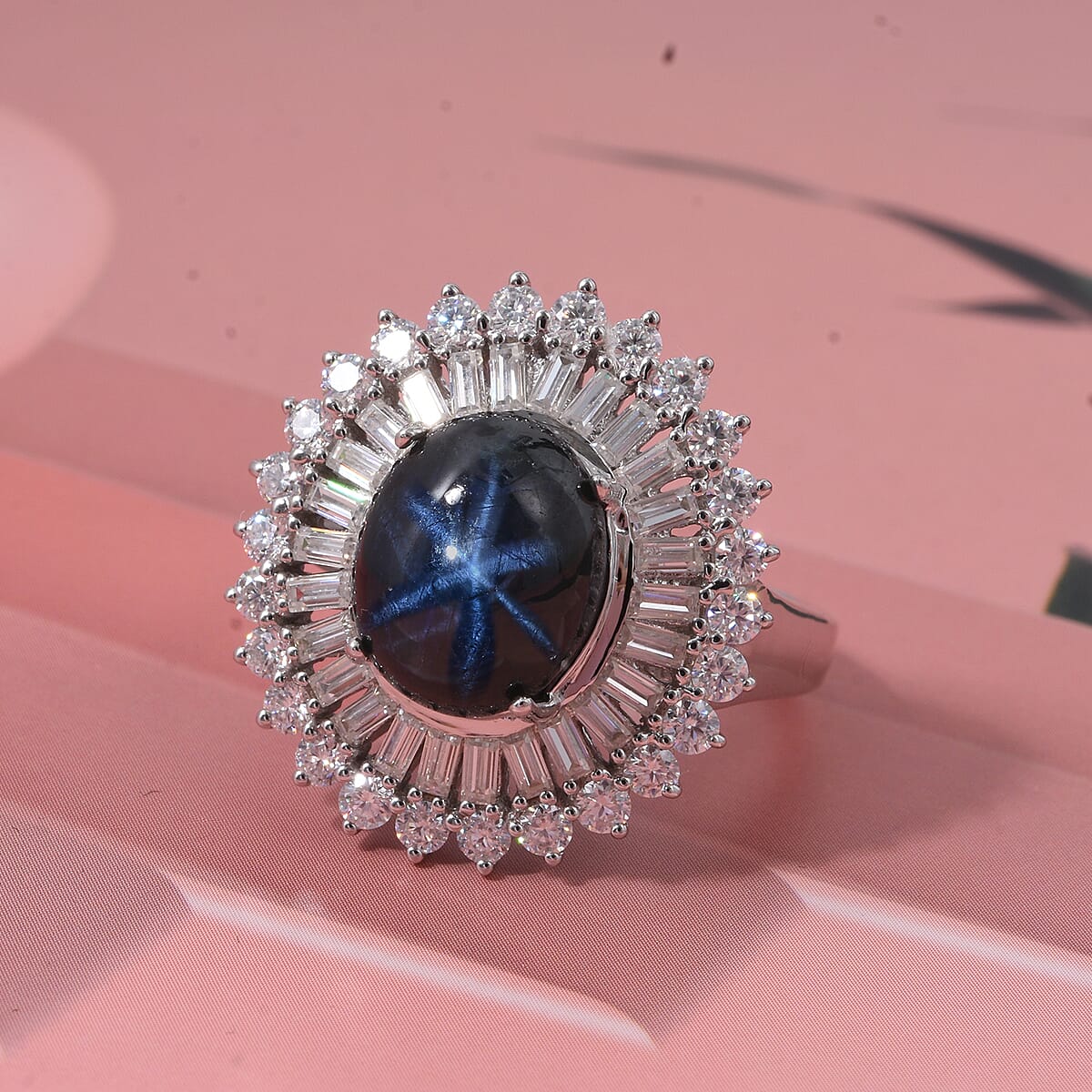 D'Joy Premium Blue Star Sapphire (DF) and Moissanite 7.75 ctw Crown of Eternity Ring in Rhodium Over Sterling Silver (Size 10.0) image number 1