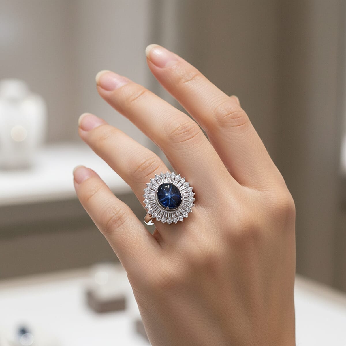 D'Joy Premium Blue Star Sapphire (DF) and Moissanite 7.75 ctw Crown of Eternity Ring in Rhodium Over Sterling Silver (Size 10.0) image number 2