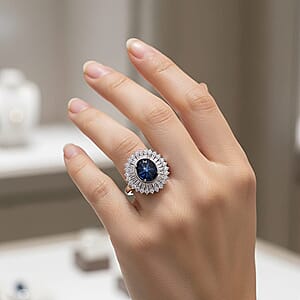 D'Joy Blue Star Sapphire, Moissanite Ring in Rhodium Over Sterling Silver 7.75 ctw (Size 10.0)