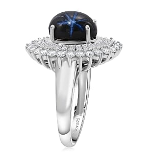 D'Joy Blue Star Sapphire, Moissanite Ring in Rhodium Over Sterling Silver 7.75 ctw (Size 10.0)