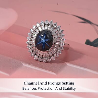 D'Joy Blue Star Sapphire, Moissanite Ring in Rhodium Over Sterling Silver 7.75 ctw (Size 7.0)