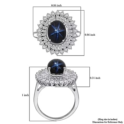 D'Joy Blue Star Sapphire, Moissanite Ring in Rhodium Over Sterling Silver 7.75 ctw (Size 8.0)