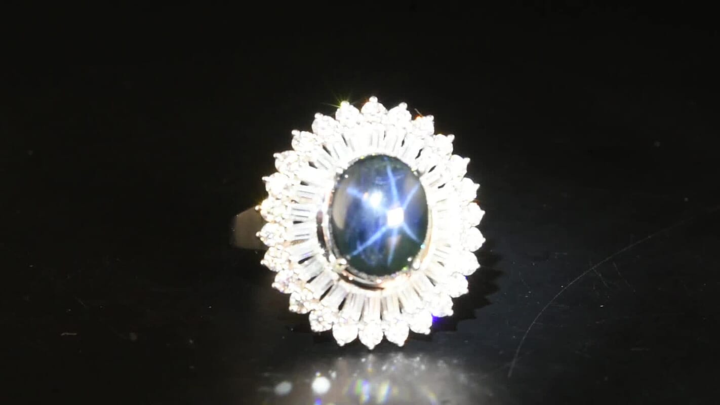 D'Joy Premium Blue Star Sapphire (DF), Moissanite Crown of Eternity Ring in Rhodium Over Sterling Silver (Size 10.0) 7.75 ctw