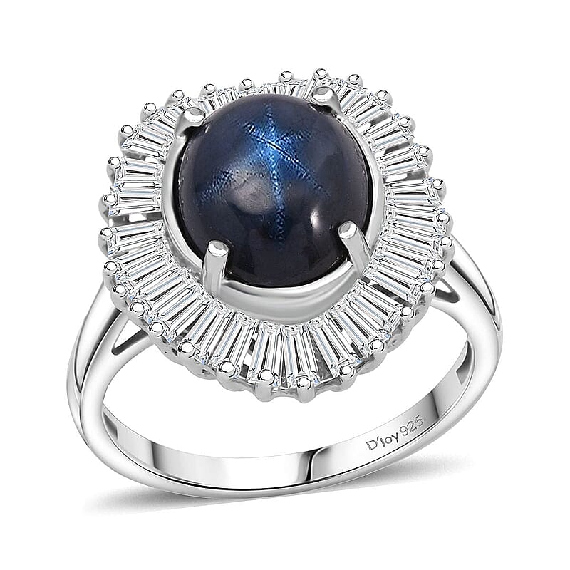 D'Joy Blue Star Sapphire, Moissanite Ring in Rhodium Over Sterling Silver 7.20 ctw (Size 10.0)