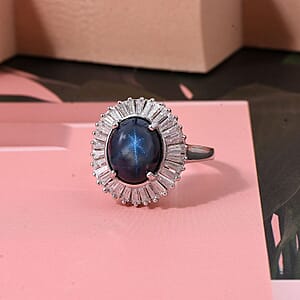 D'Joy Blue Star Sapphire, Moissanite Ring in Rhodium Over Sterling Silver 7.20 ctw (Size 10.0)